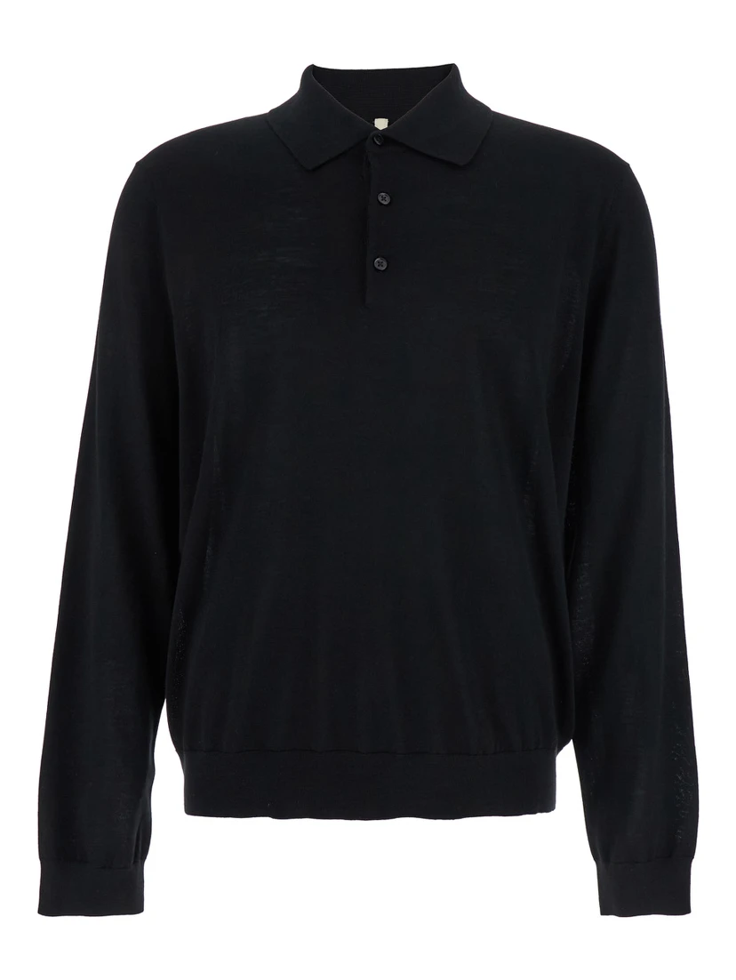 Black Polo Shirt with Classic Collar and Ribbed Trims in Wool Man