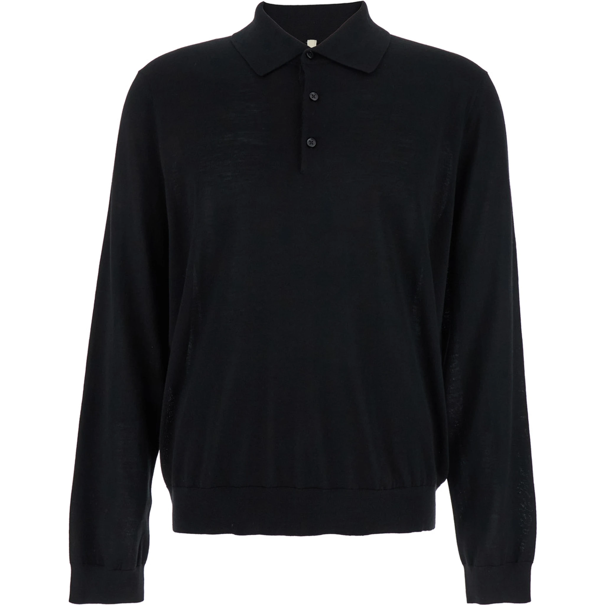 Black Polo Shirt with Classic Collar and Ribbed Trims in Wool Man