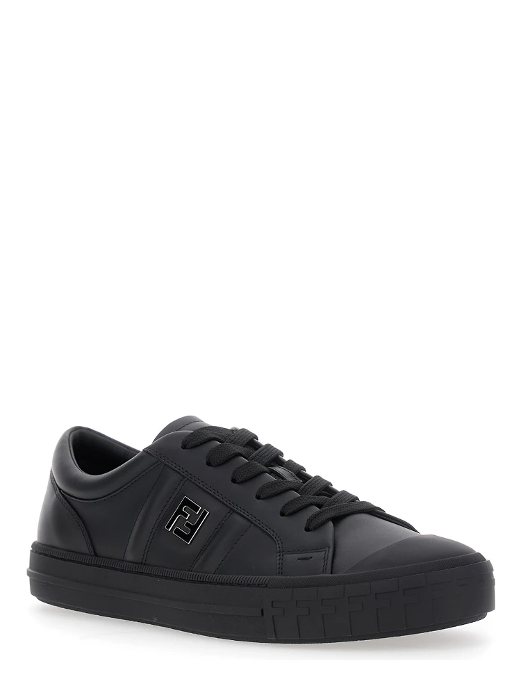 “Domino” Black Low-Top Sneakers with Metallic Logo on the Side in Leather Man
