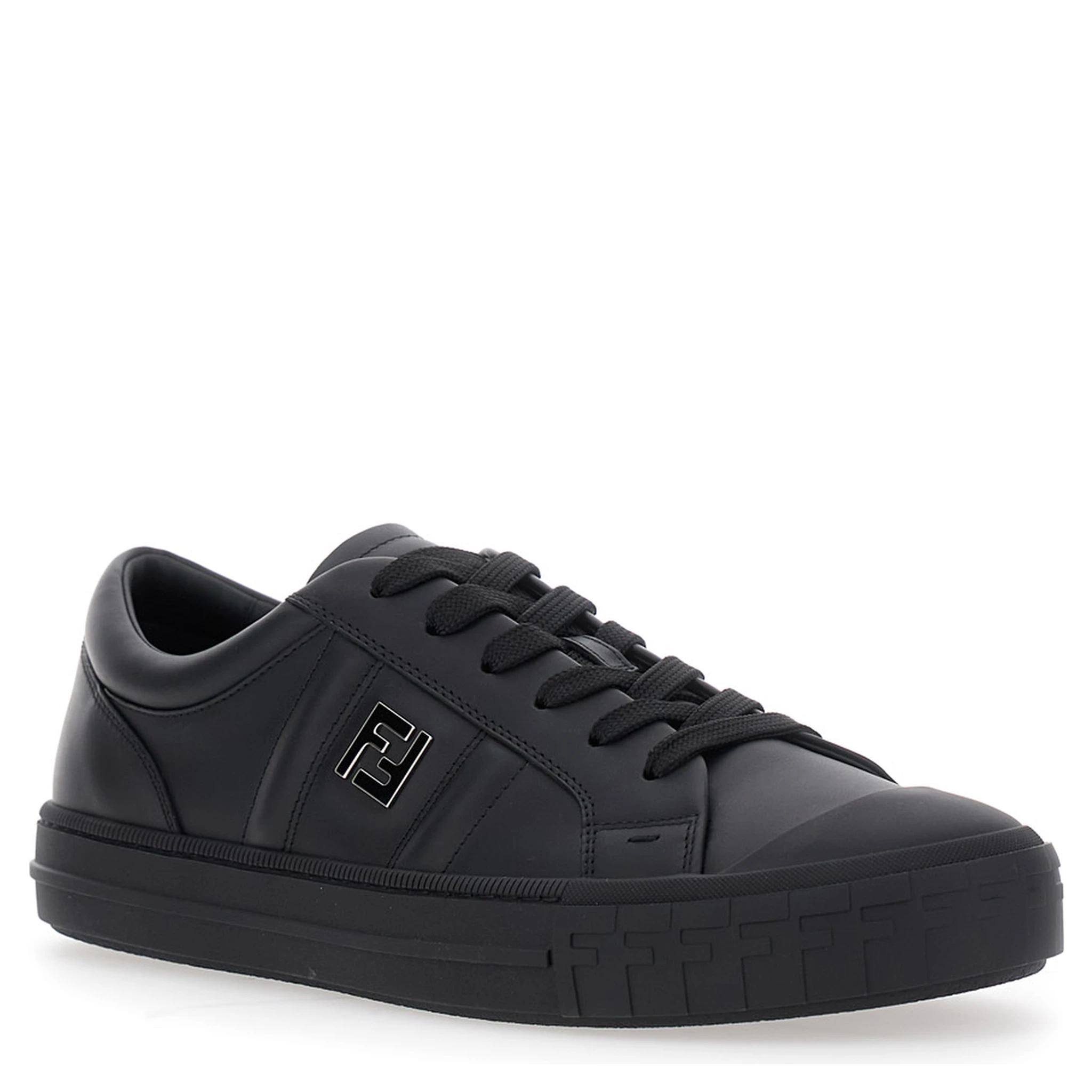 “Domino” Black Low-Top Sneakers with Metallic Logo on the Side in Leather Man