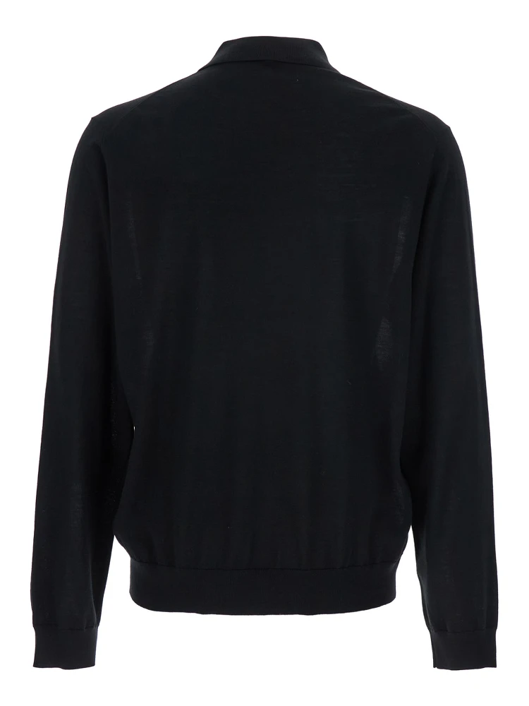 Black Polo Shirt with Classic Collar and Ribbed Trims in Wool Man alternative