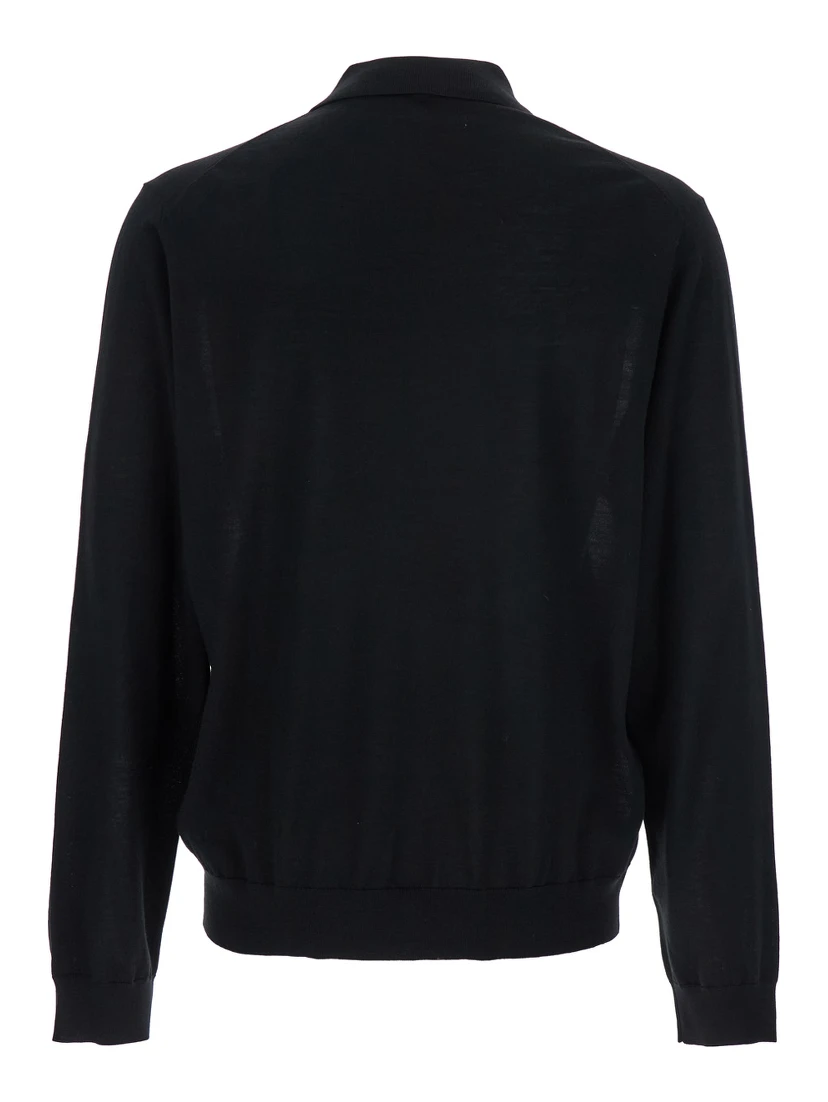Black Polo Shirt with Classic Collar and Ribbed Trims in Wool Man