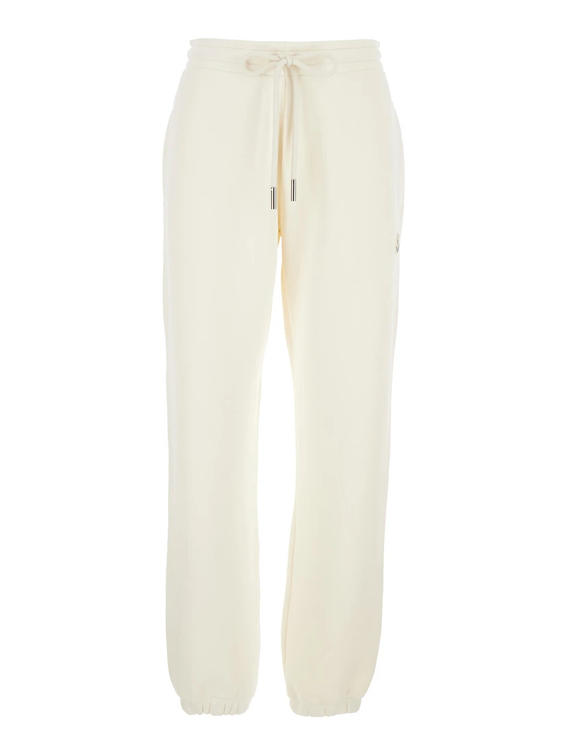 White Pants with Elastic Drawstring Waist and Logo Patch on the Side in Cotton Blend Woman