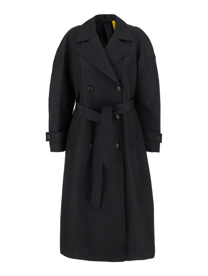Zake Black Coat with Wide Classic Lapels and Removable Belt in Tech Fabric Woman