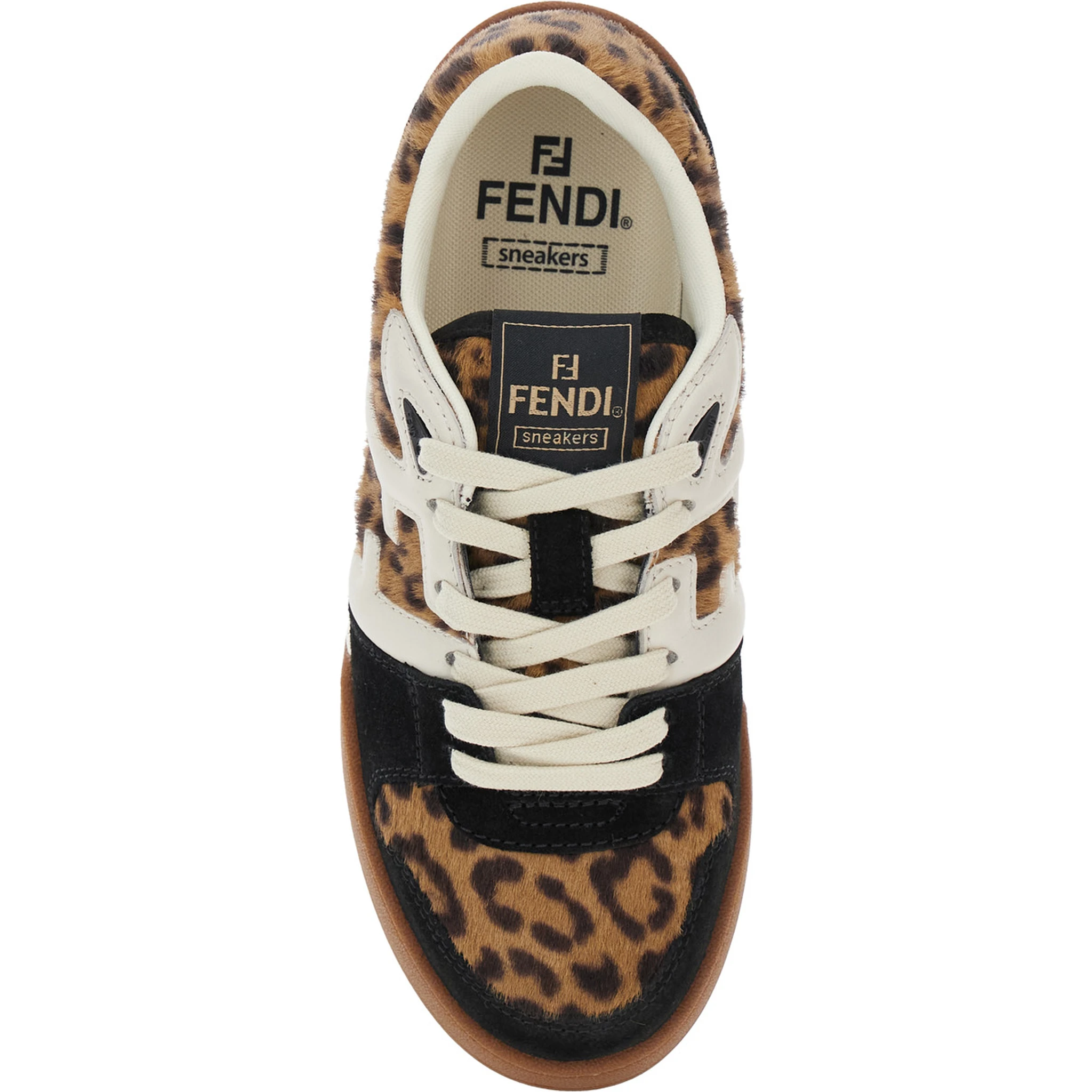 Fendi Match Brown Low Top Sneakers with FF Application and Leopard Motif in Mixed Leather Woman