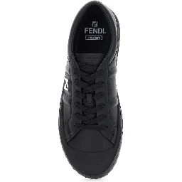 “Domino” Black Low-Top Sneakers with Metallic Logo on the Side in Leather Man