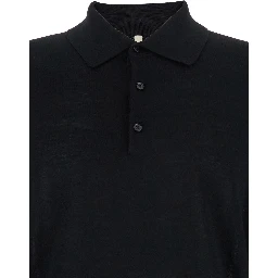 Black Polo Shirt with Classic Collar and Ribbed Trims in Wool Man