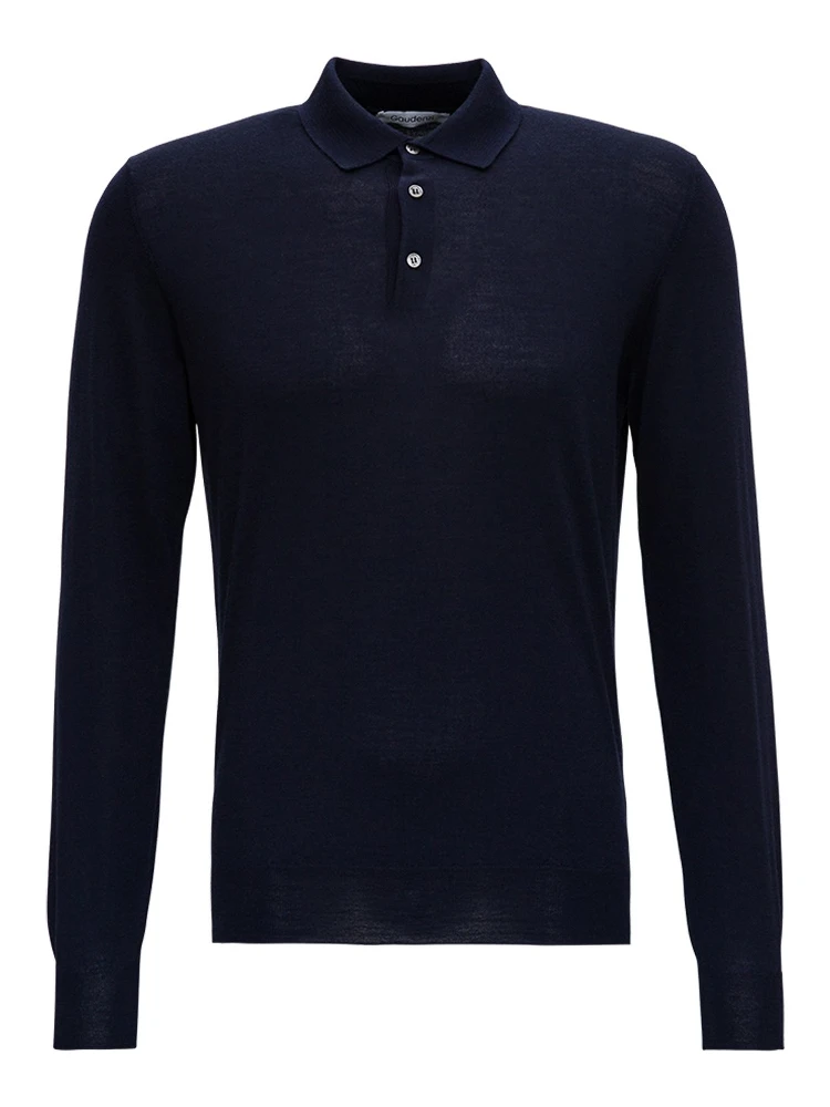 Blue Long Sleeveed Polo Shirt in Wool and Silk