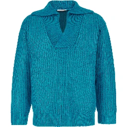 Light Blue Pullover with V Neck in Silk Blend Knit Man