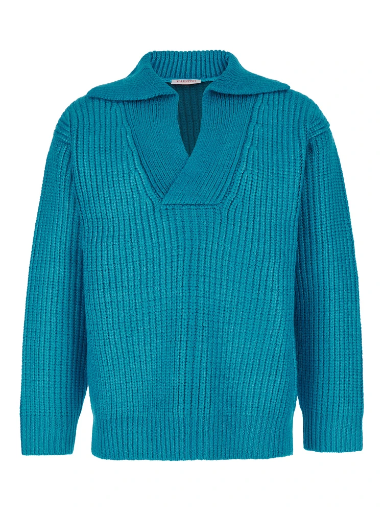 Light Blue Pullover with V Neck in Silk Blend Knit Man