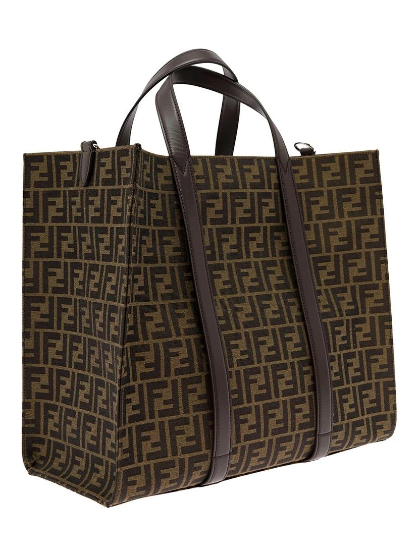 Brown and Beige FF Jacquard Fabric Tote Bag in Cotton Blend Man