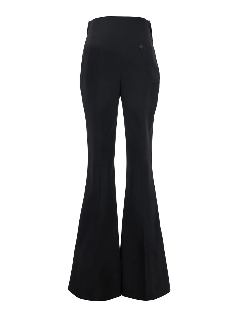 Black Flared Pants with Foldover Waist in Wool Woman