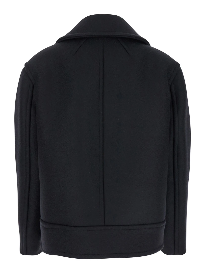 Black Double-Breasted Coat with Classic Wide Revers in Wool Woman