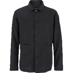 Black Jacket with Classic Collar and Patch Pockets on the Front in Wool Man