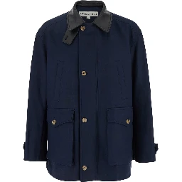 Blue Jacket with Leather Collar and Welt Chest Pockets in Cotton Man