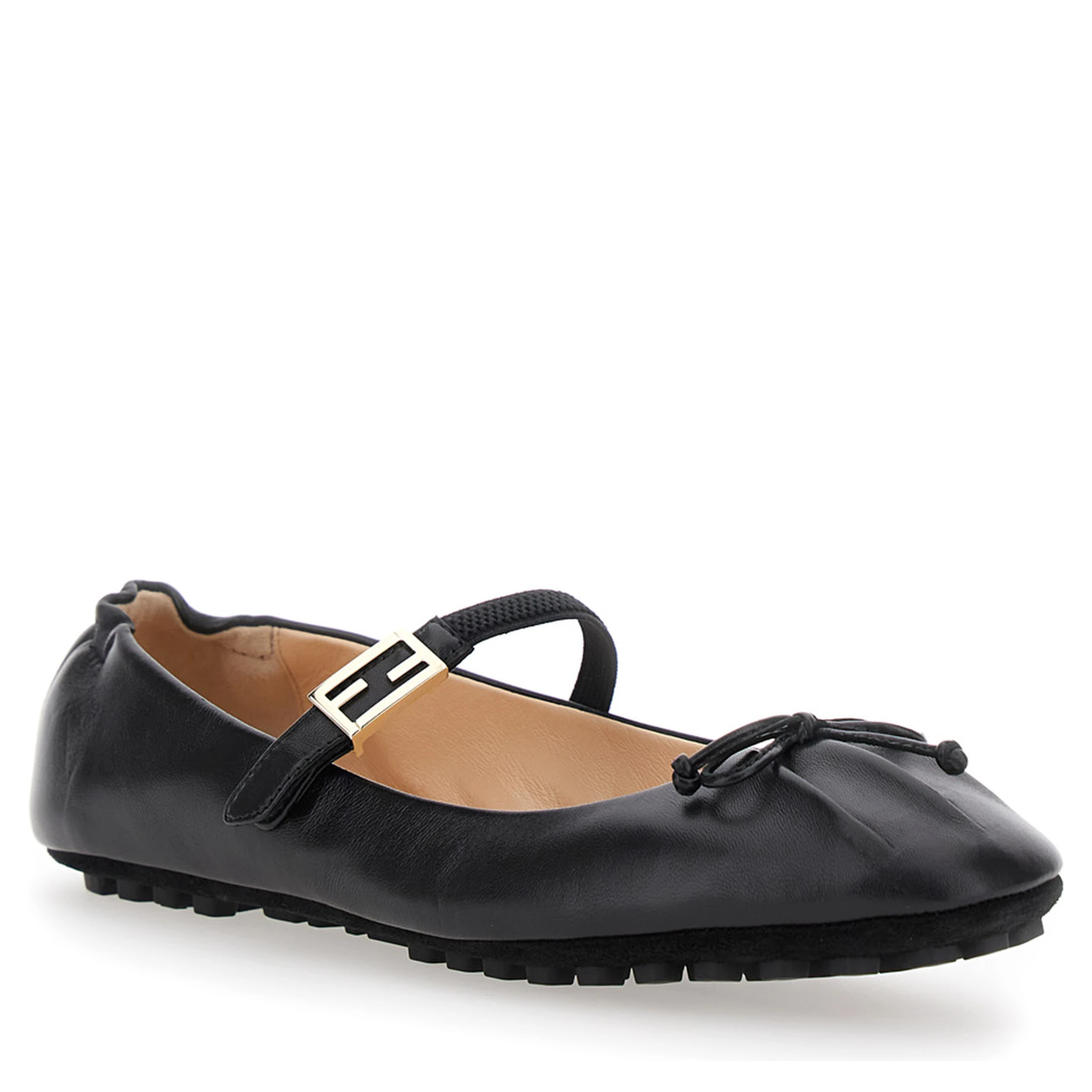 Black Ballerinas with Curled Heel and FF Logo Plaque on the Strap in Leather Woman