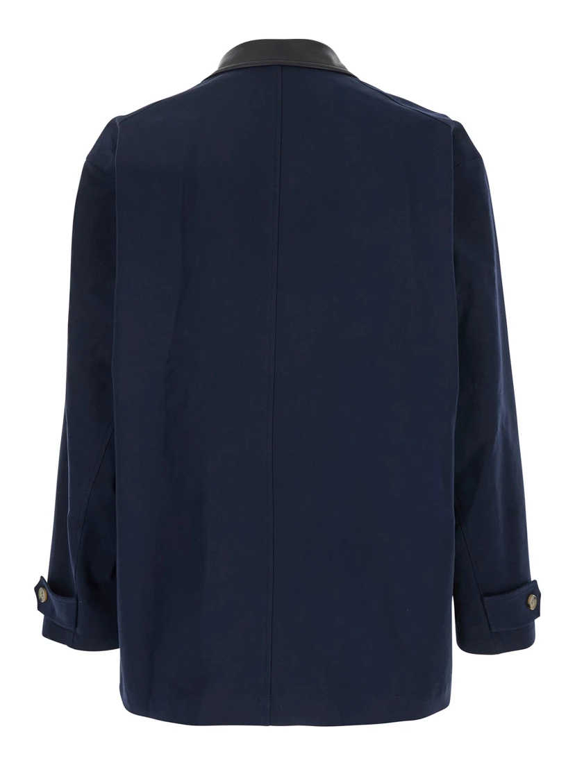 Blue Jacket with Leather Collar and Welt Chest Pockets in Cotton Man