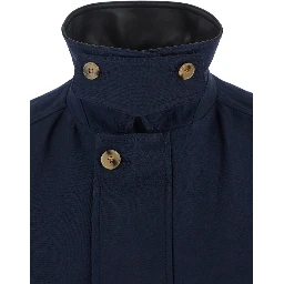 Blue Jacket with Leather Collar and Welt Chest Pockets in Cotton Man