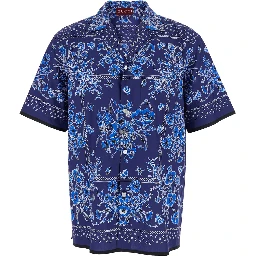 Blue Bowling Shirt with Cuban Collar and All-Over Floral Print in Cotton Man