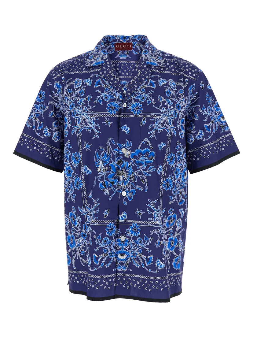 Blue Bowling Shirt with Cuban Collar and All-Over Floral Print in Cotton Man