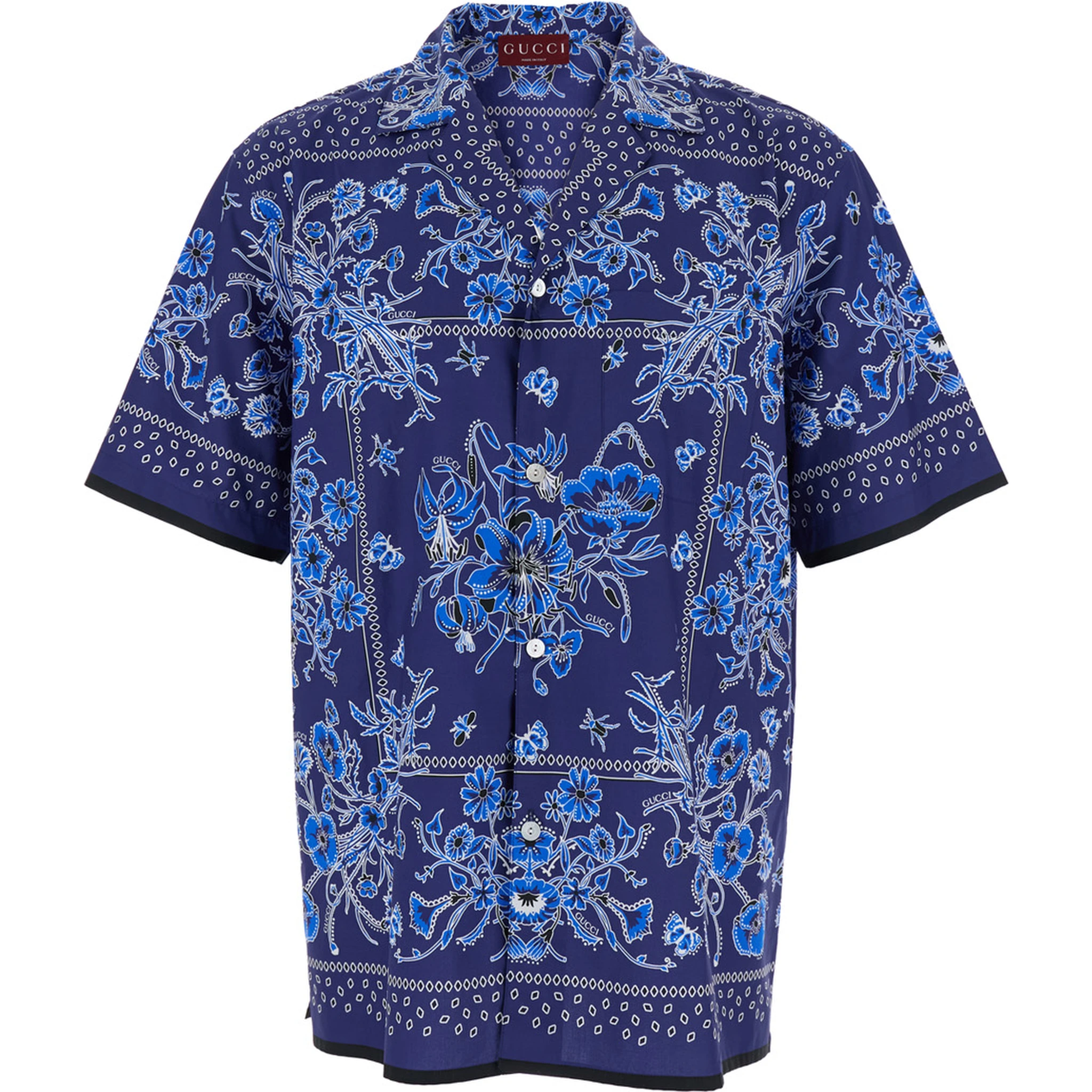 Blue Bowling Shirt with Cuban Collar and All-Over Floral Print in Cotton Man