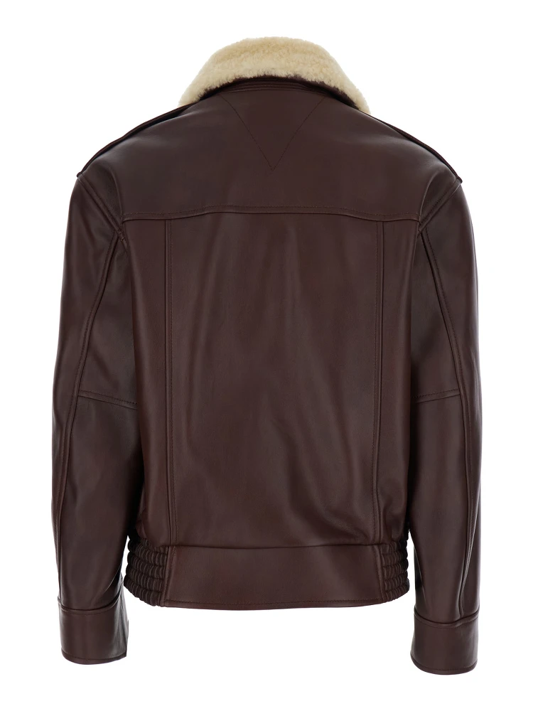 Brown Shearling Coat with Removable Fur Collar and Front Zip Closure in Leather Woman alternative