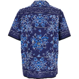Blue Bowling Shirt with Cuban Collar and All-Over Floral Print in Cotton Man