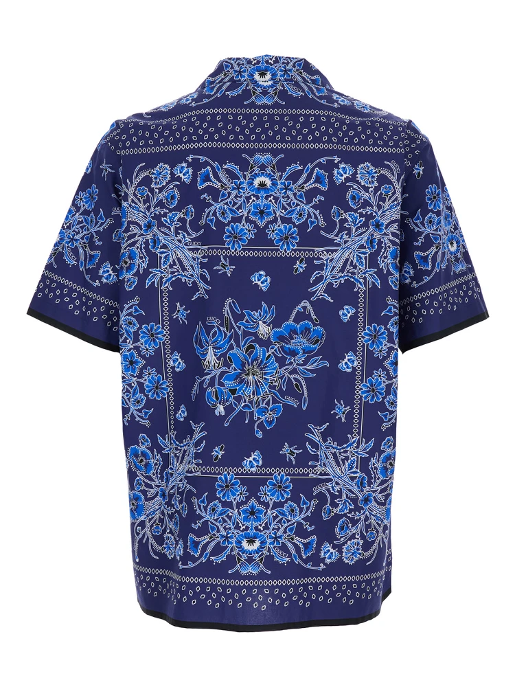 Blue Bowling Shirt with Cuban Collar and All-Over Floral Print in Cotton Man alternative