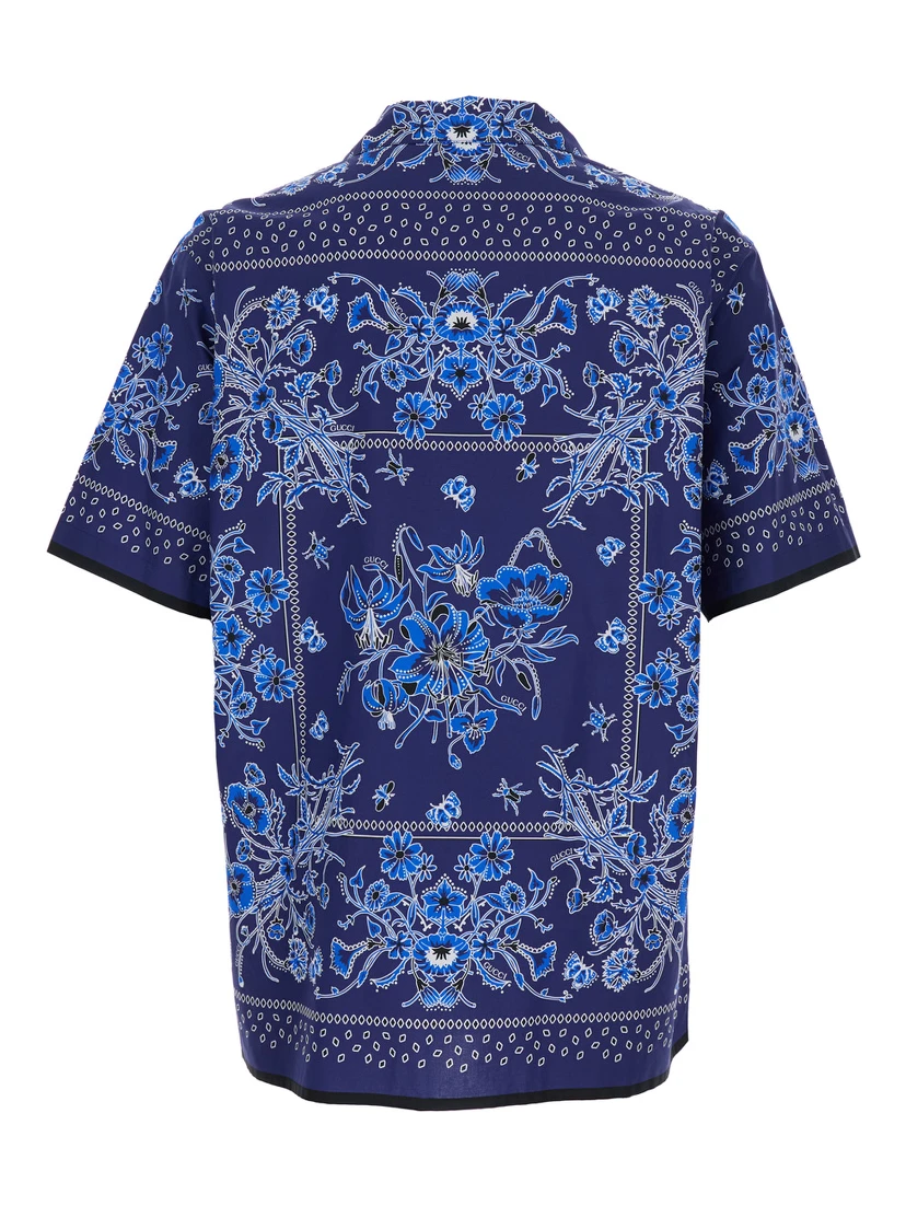 Blue Bowling Shirt with Cuban Collar and All-Over Floral Print in Cotton Man