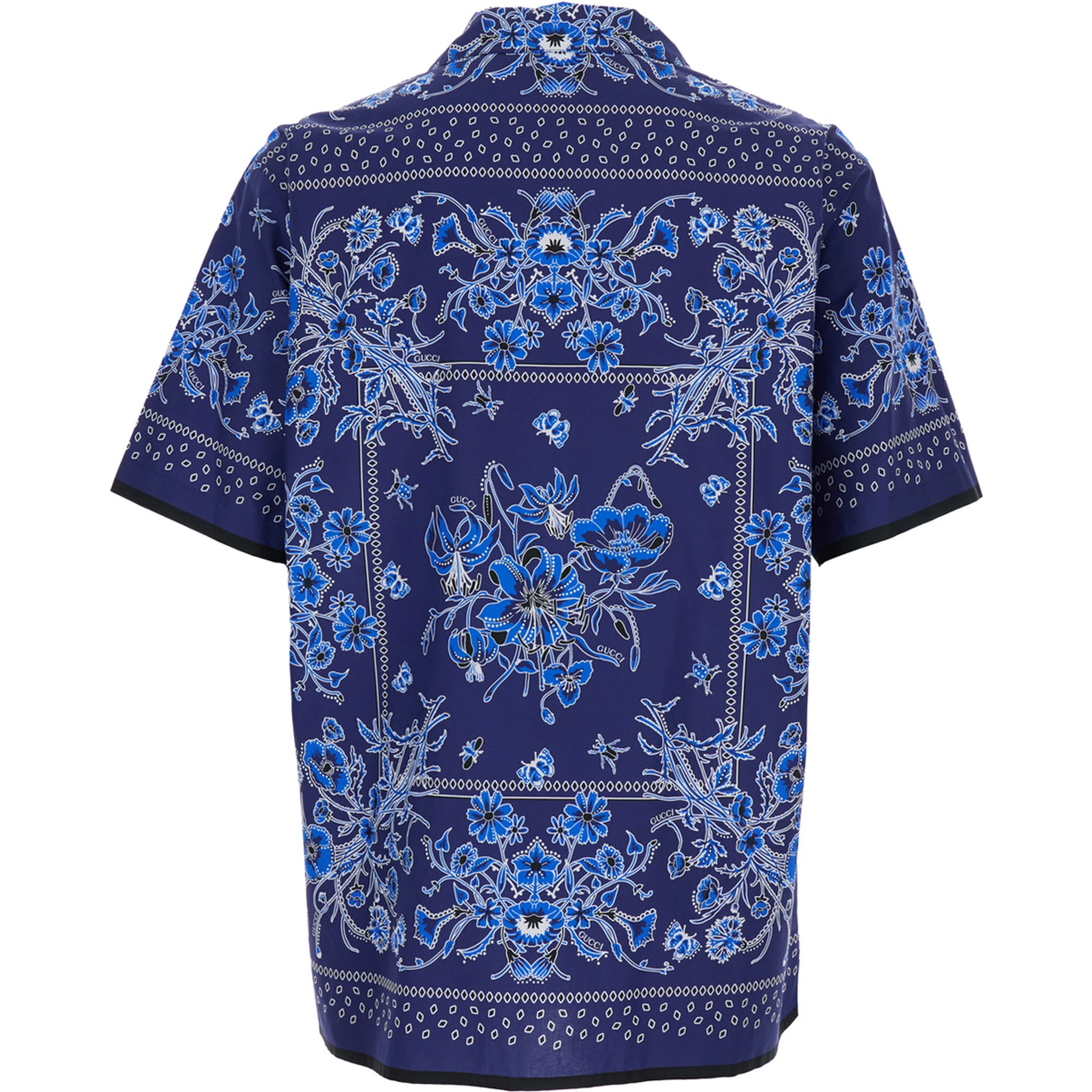 Blue Bowling Shirt with Cuban Collar and All-Over Floral Print in Cotton Man