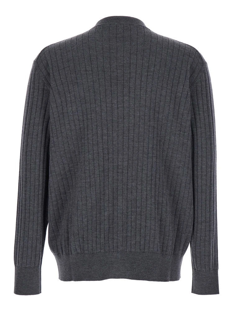 Grey Crewneck Cardigan with Front Button Closure and Ribbed Knit in Wool Man alternative