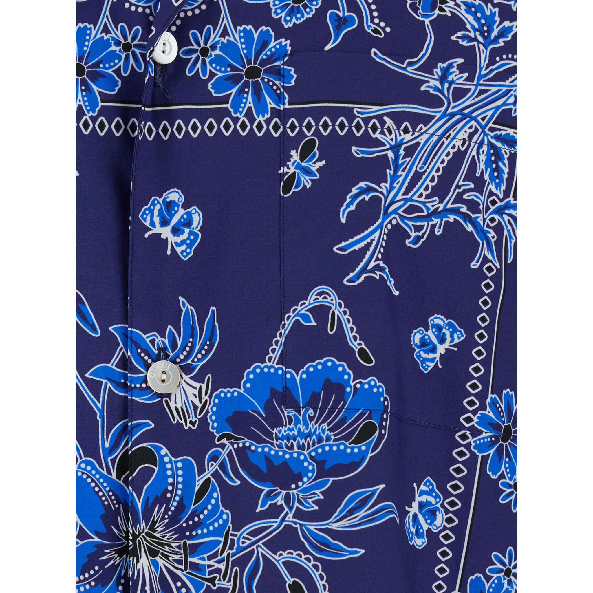 Blue Bowling Shirt with Cuban Collar and All-Over Floral Print in Cotton Man