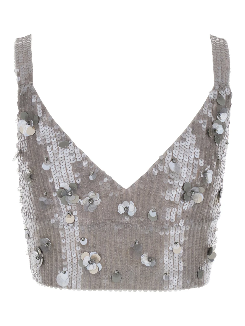Grey Sleeveless Crop Top with Straps in Sequined Fabric Woman