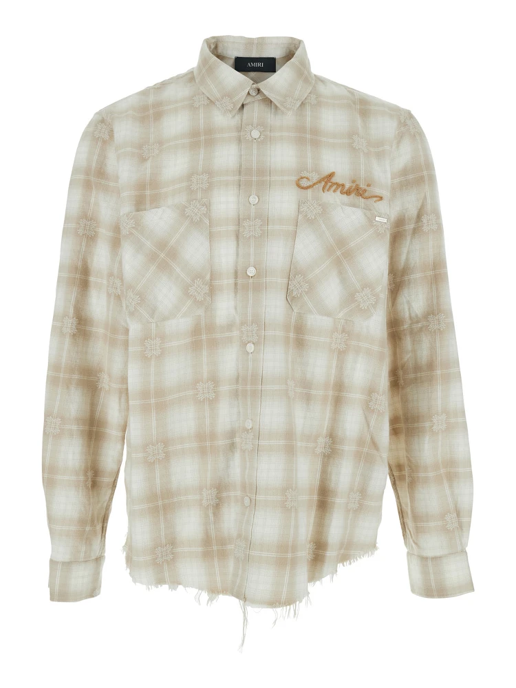 Beige Shirt with Check Pattern and Lettering Logo on Front and Backin Flannel Man