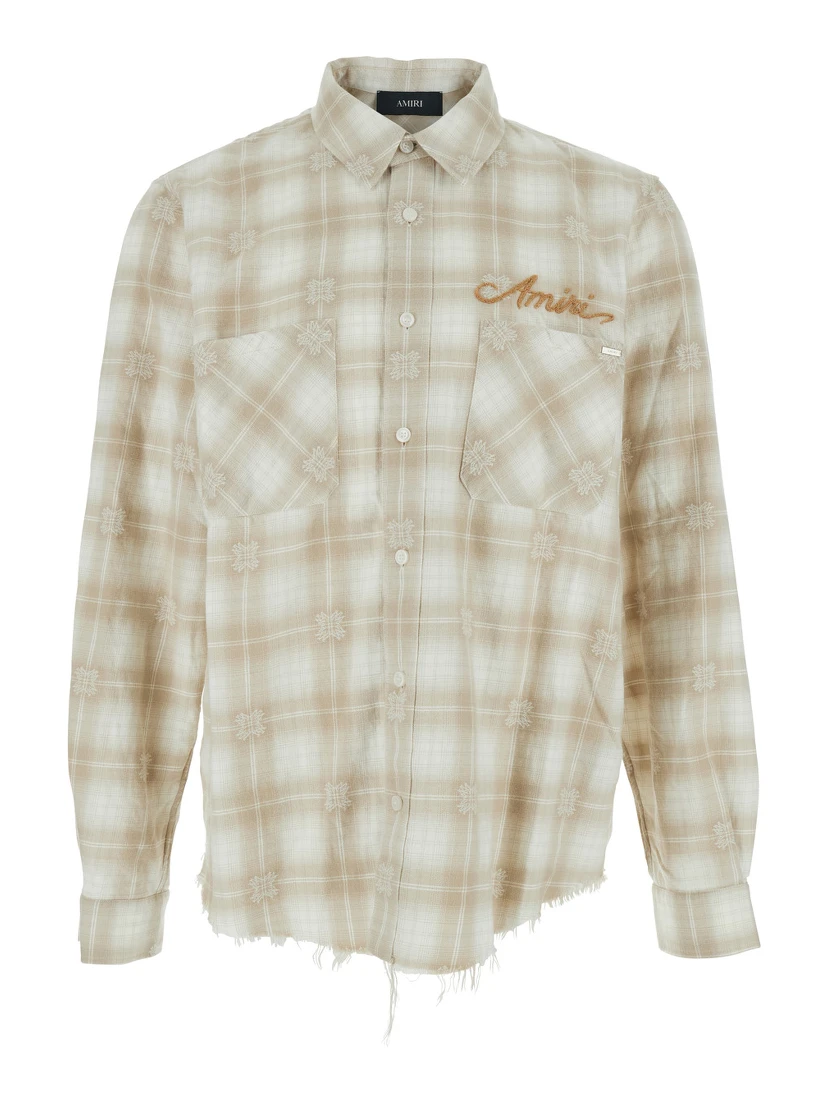 Beige Shirt with Check Pattern and Lettering Logo on Front and Backin Flannel Man