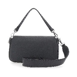 “Baguette” Grey Shoulder Bag with Contrast Stitching in Leather Man