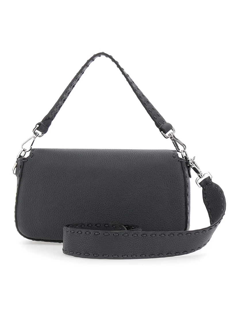 “Baguette” Grey Shoulder Bag with Contrast Stitching in Leather Man