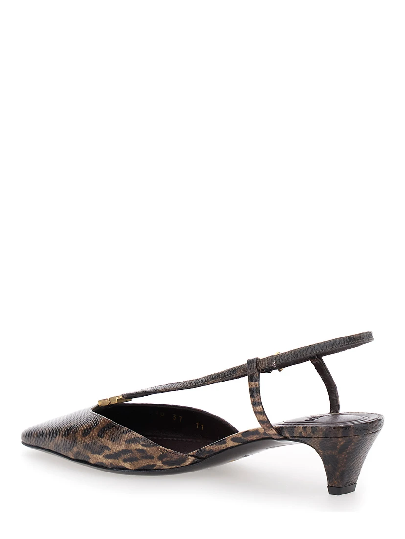Brown Slingback Pumps with Square Toe and Animalier Motif in Leather Woman