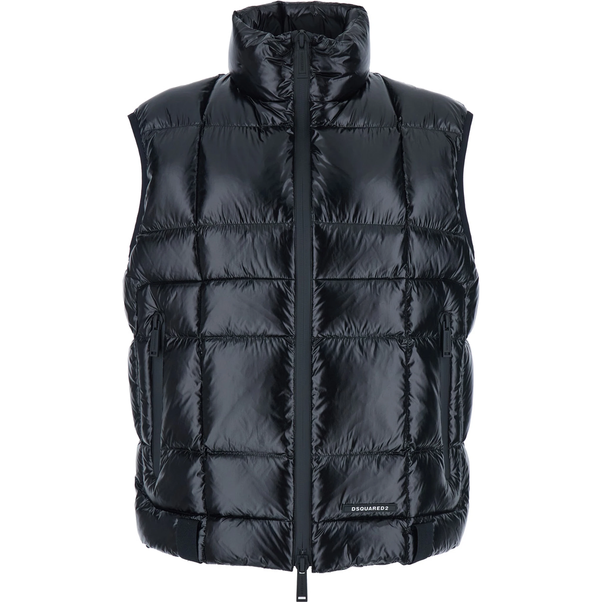 Black Sleeveless Down Jacket with High Neck and Logo Patch on the Front in Tech Fabric Man
