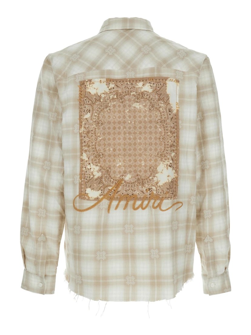 Beige Shirt with Check Pattern and Lettering Logo on Front and Backin Flannel Man
