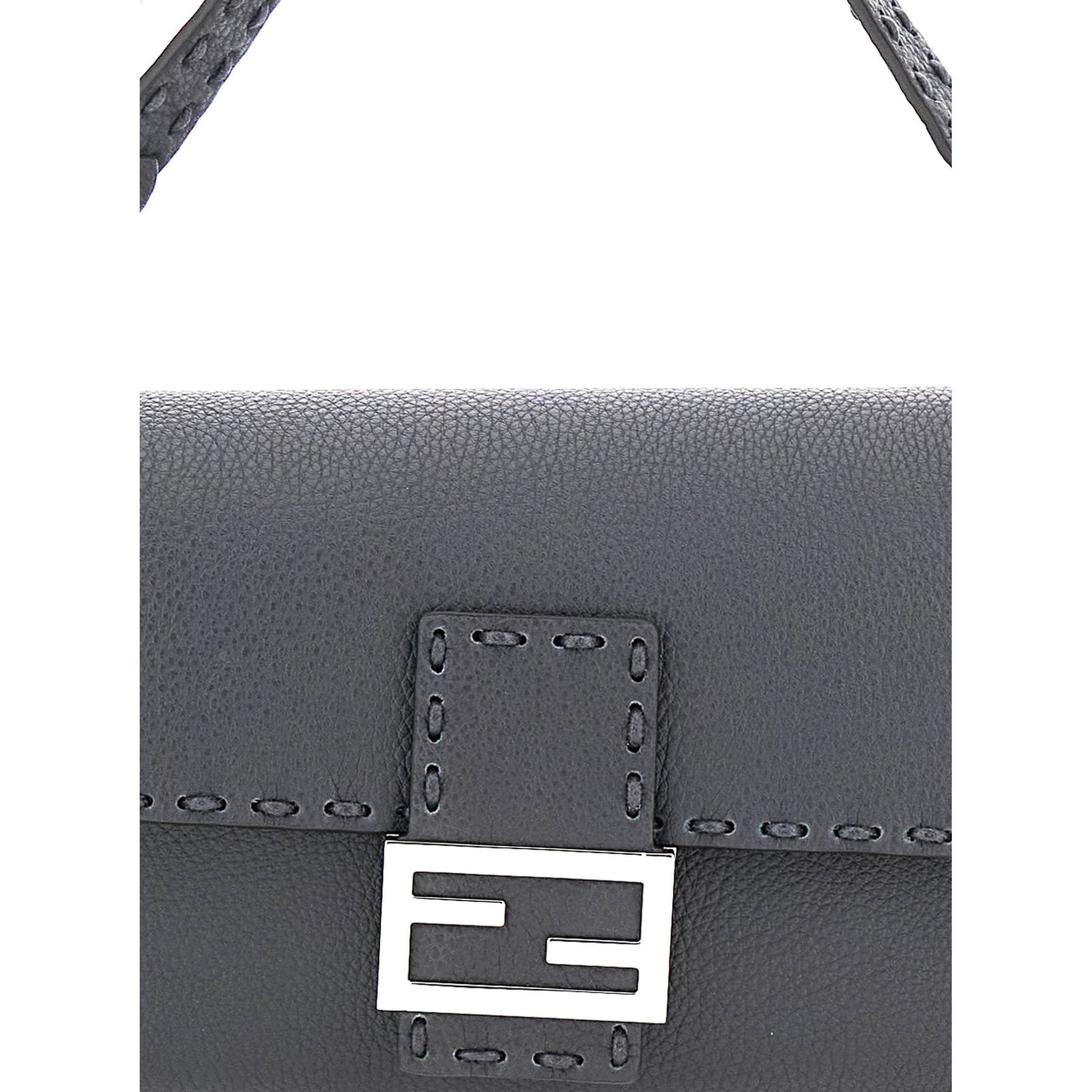 “Baguette” Grey Shoulder Bag with Contrast Stitching in Leather Man
