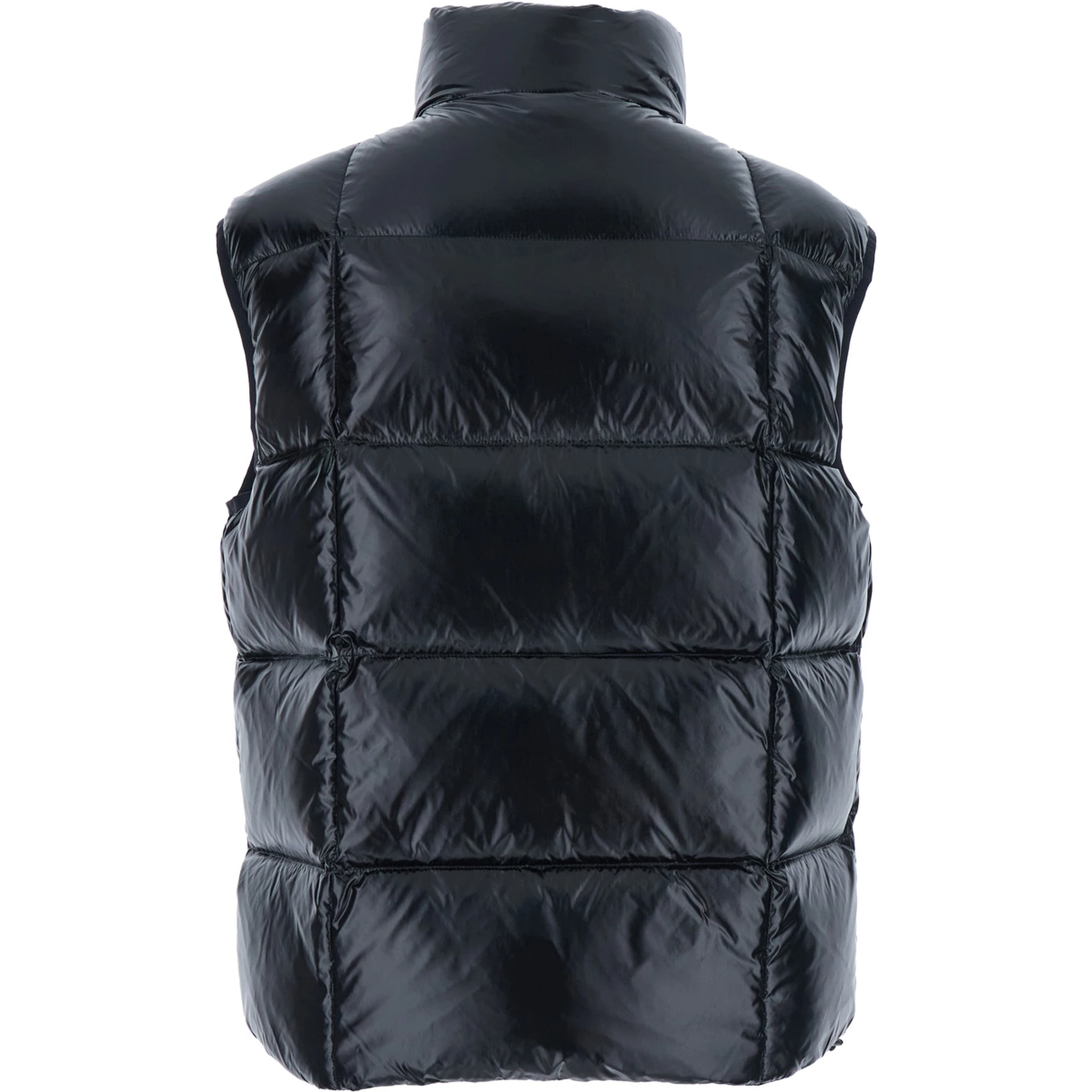 Black Sleeveless Down Jacket with High Neck and Logo Patch on the Front in Tech Fabric Man