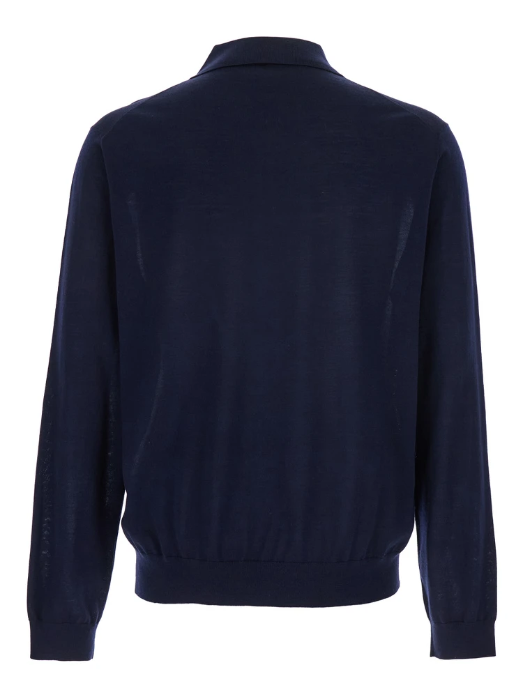 Blue Polo Shirt with Classic Collar and Ribbed Trims in Wool Man alternative