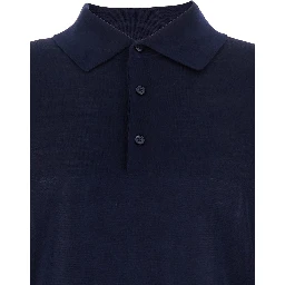 Blue Polo Shirt with Classic Collar and Ribbed Trims in Wool Man