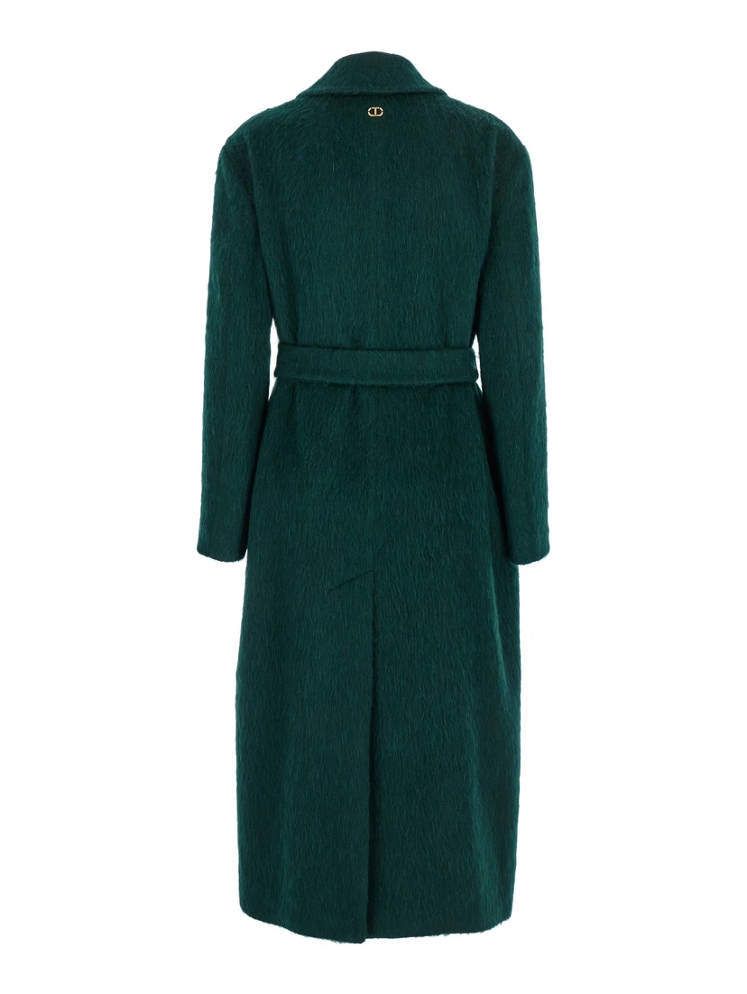 Green Double-Breasted Coat with Notched Revers and Belt on the Front in Wool Blend Woman