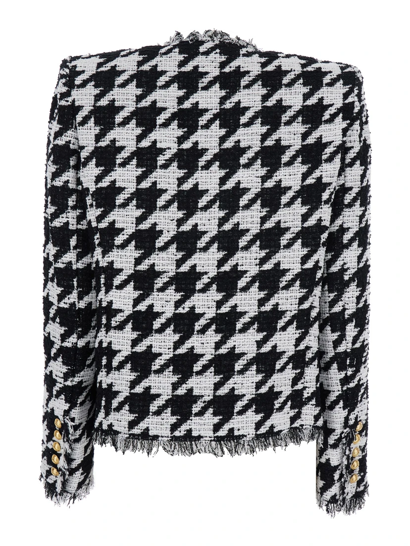 Spencer Black and White Jacket with All-Over Check Motif and Fringed Hem in Cotton Blend Woman