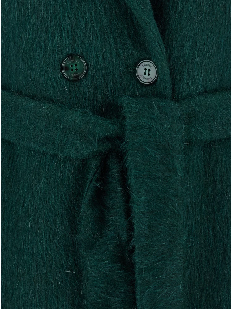 Green Double-Breasted Coat with Notched Revers and Belt on the Front in Wool Blend Woman alternative