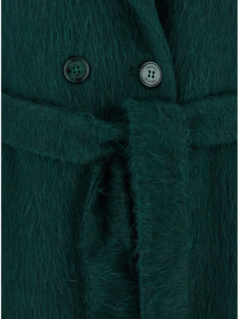 Green Double-Breasted Coat with Notched Revers and Belt on the Front in Wool Blend Woman