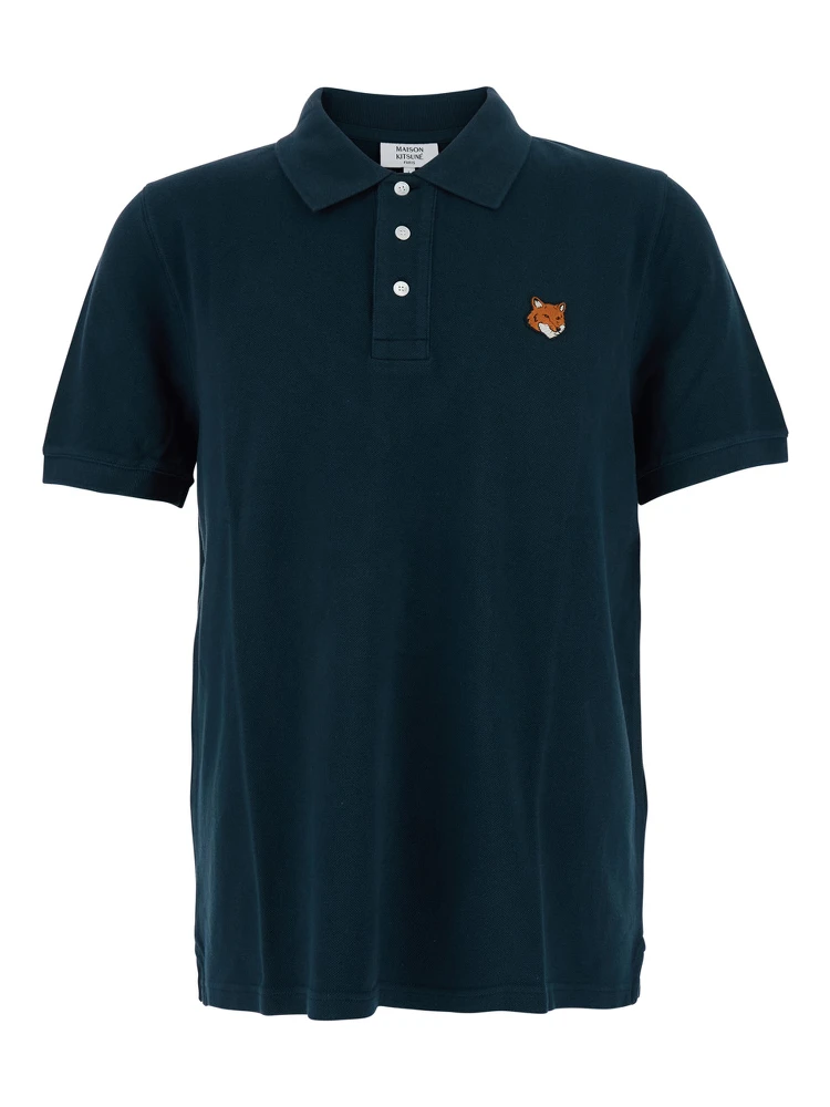 Blue Polo Shirt with Classic Collar and Logo Patch on the Front in Cotton Man