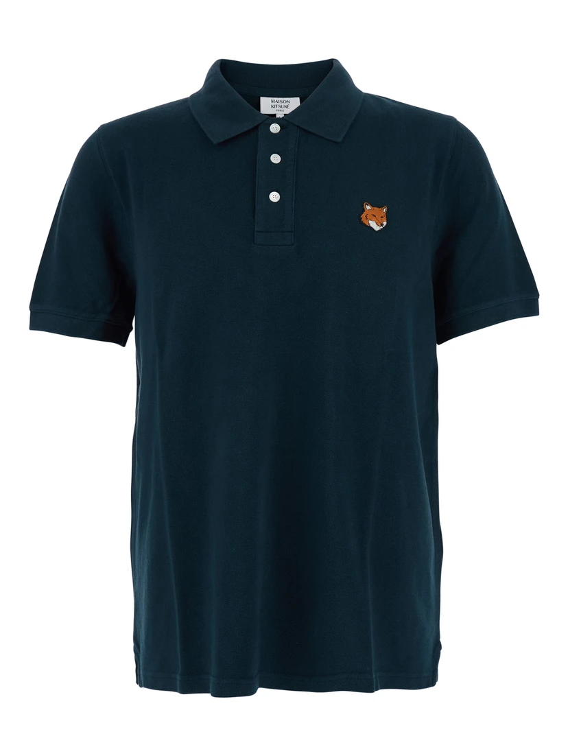 Blue Polo Shirt with Classic Collar and Logo Patch on the Front in Cotton Man